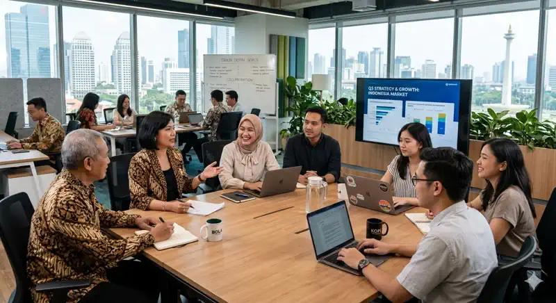 Enterprise team collaborating in a boardroom with presentation screens