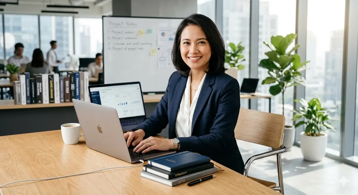 Manager working with data on laptop in a modern office